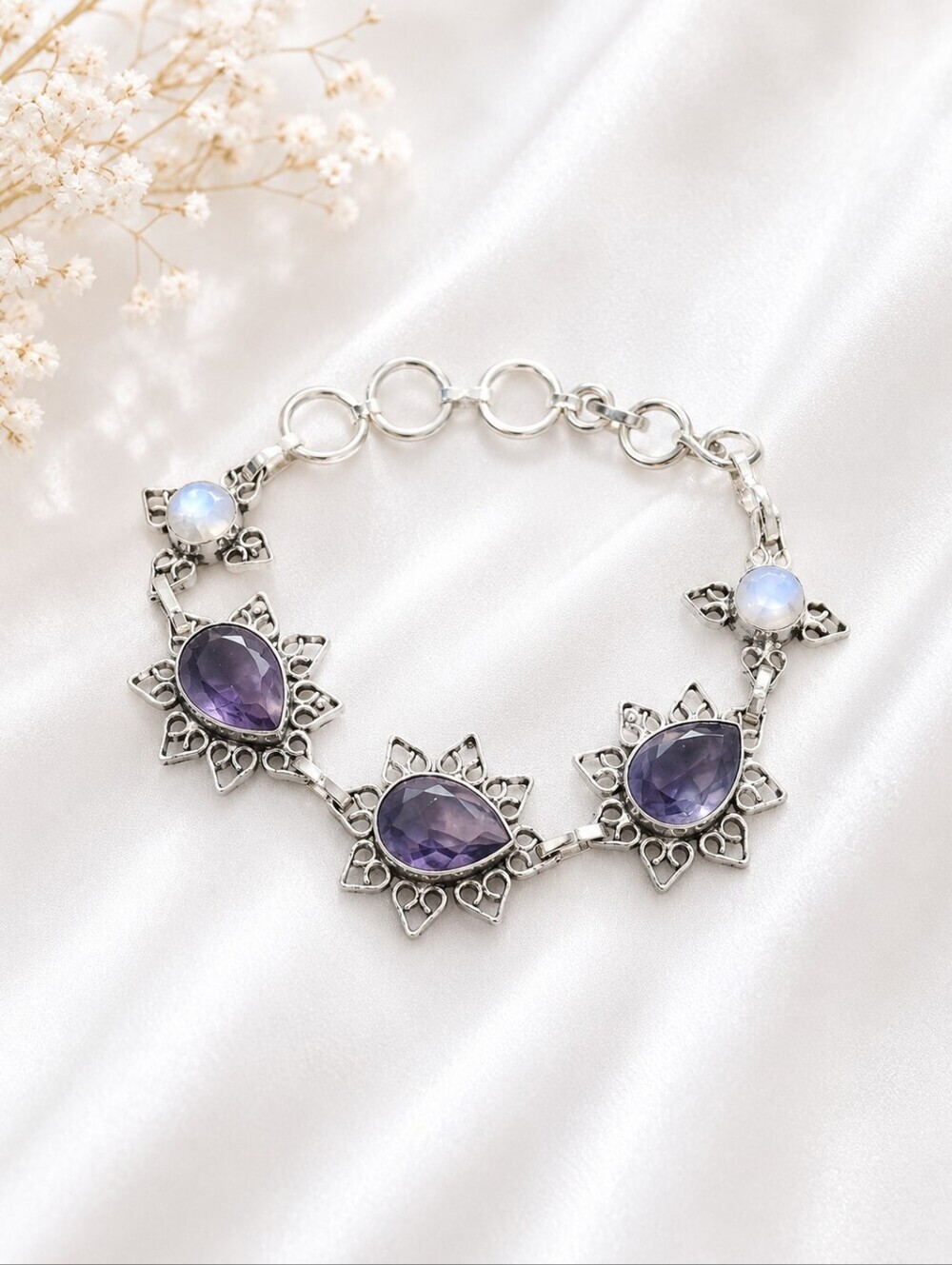 925 Silver Plated Amethyst Rainbow Moonstone Bracelet | Adjustable 6-8 Inch